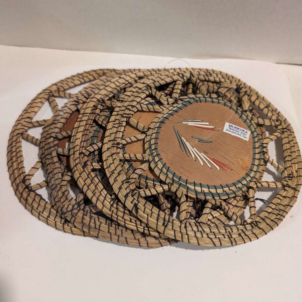4 Native American Indian birch bark And Sweetgrass Trivets woodlands Quill Work.